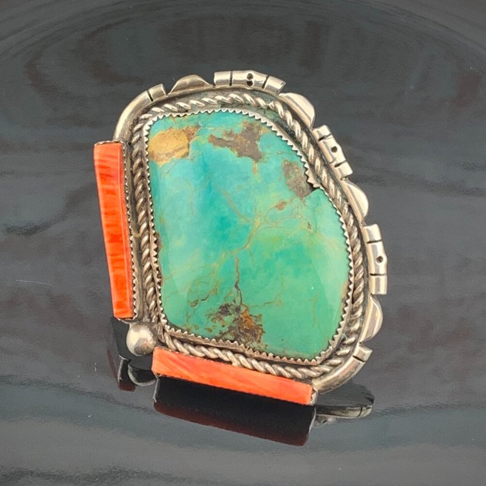 Huge Turquoise & Spiny Oyster Sterling Silver Navajo Native American Vtg Ring - Picture 4 of 11
